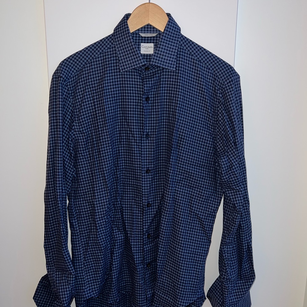 Culturata Men's Navy Checkered Button Down Shirt